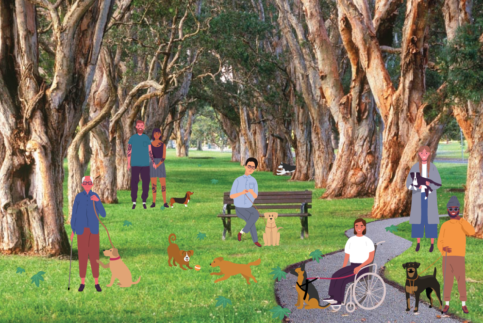 Illustrated people sitting in a park. They are accompanied by different types of assistance dogs. There are large trees either side of them and a footpath.
