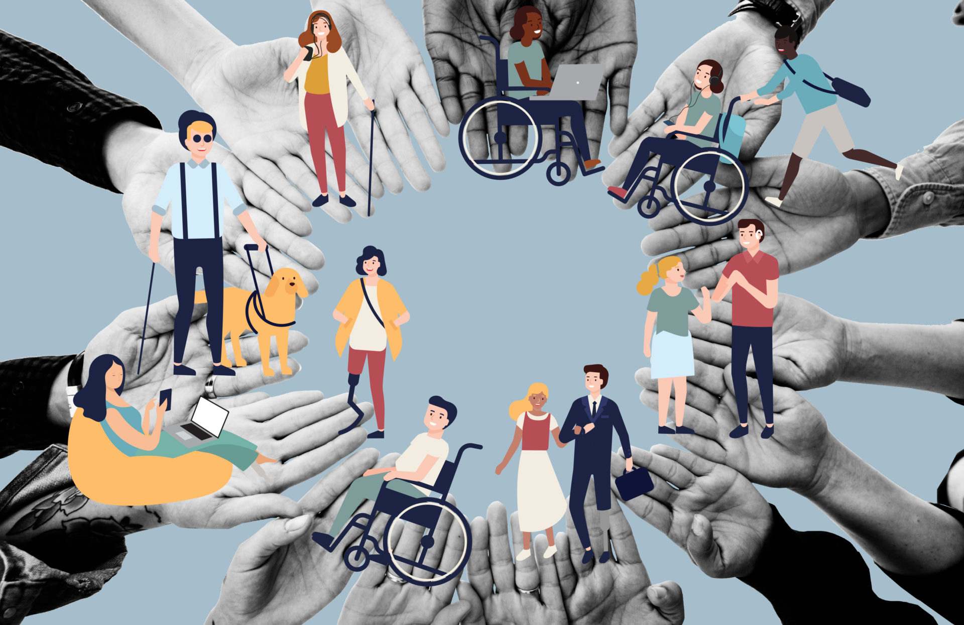 A photograph of a circle of hands with graphics of people smiling together. Some people are using wheelchairs, others have guide dogs and hearing aids.