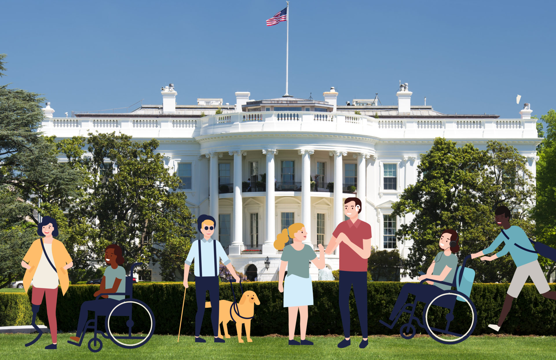 A photograph of the White House and people out the front. Some people are using wheelchairs, one has a prosthetic leg and others are chatting.