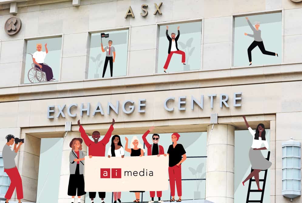 Illustrations of people smiling and dancing in front of the ASX Exchange Centre building. Some of them are holding a banner with the Ai-Media logo on it.
