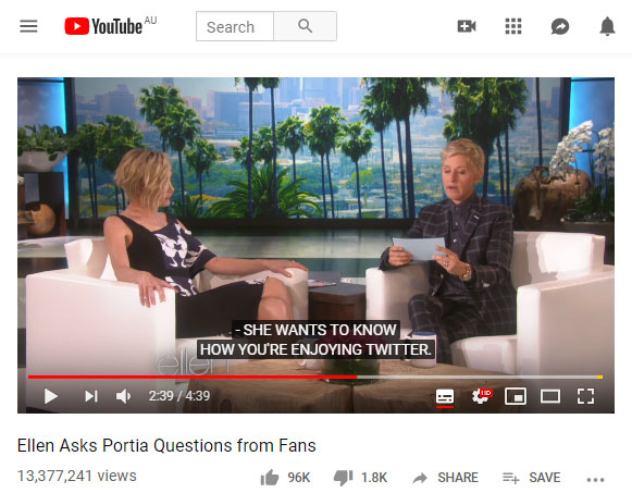 youtube image of the ellen show with the closed captions on