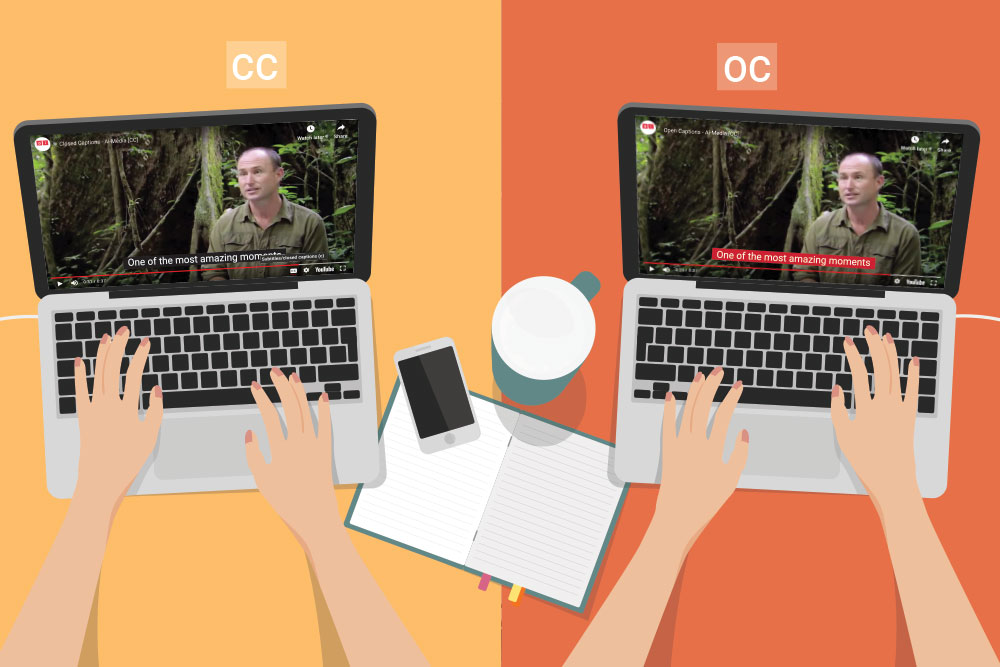 Two images of a laptop side by side. One side features a video playing with closed captions on the screen. The other features the same video playing but with open captions. A phone, notepad and coffee cup rest on the table beside the laptop.