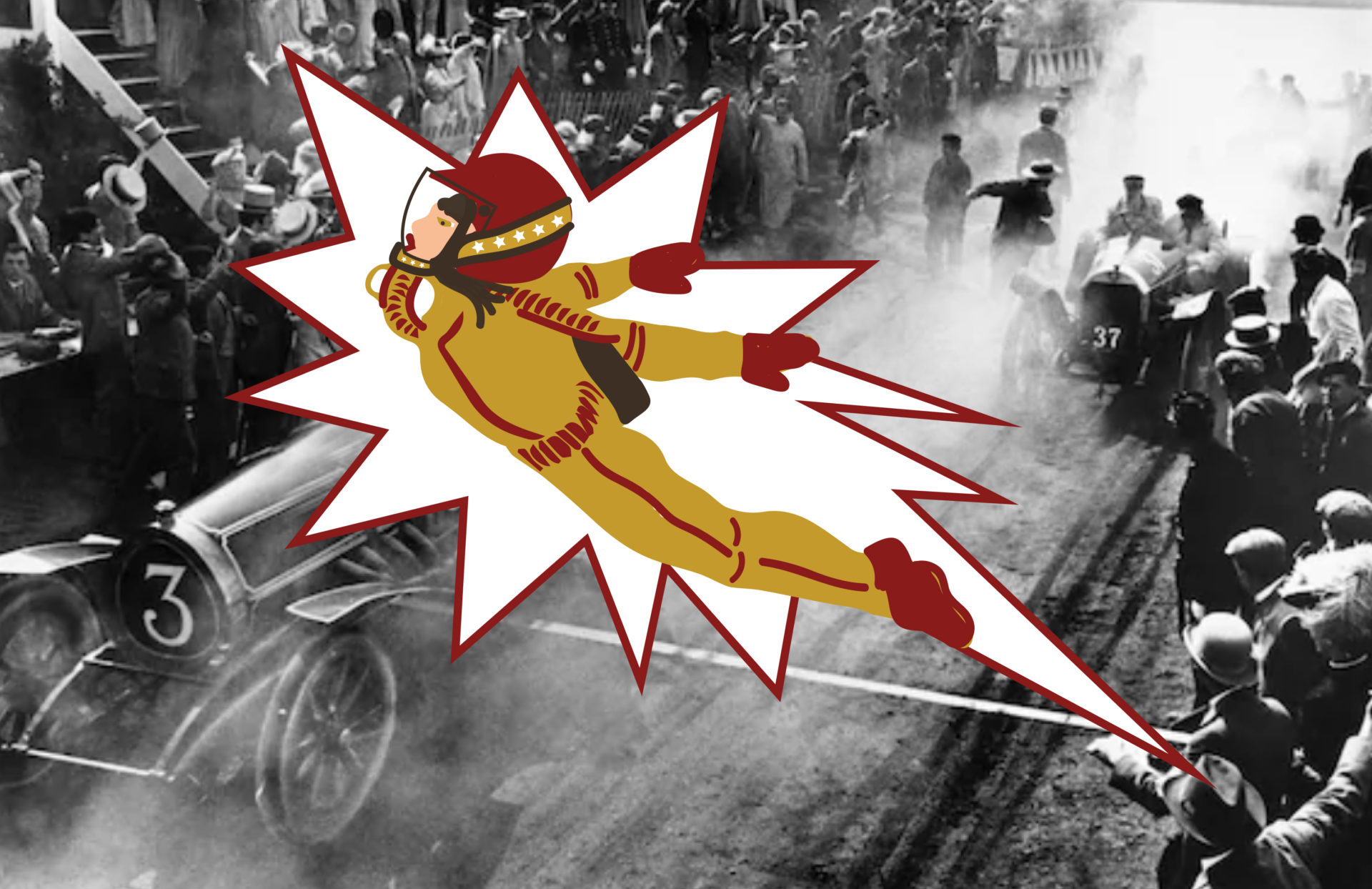 A stuntwoman wearing a suit and helmet inside an explosive illustration. She is flying through the air. Behind her is an old black-and-white photo of people gathering around racecars on a road.