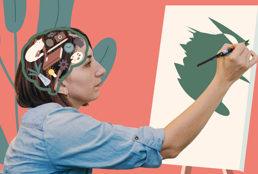 A person painting on a canvas. On the person's head there are graphics of a cat, a book, a plant, a clock and other objects super-imposed, to show that they are a visual thinker.