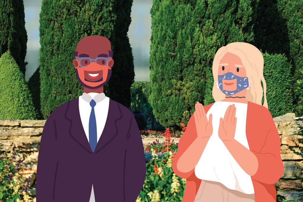 Two illustrated people standing by some large trees. One person is signing and both are wearing face masks with clear panels at the mouth. They are smiling.