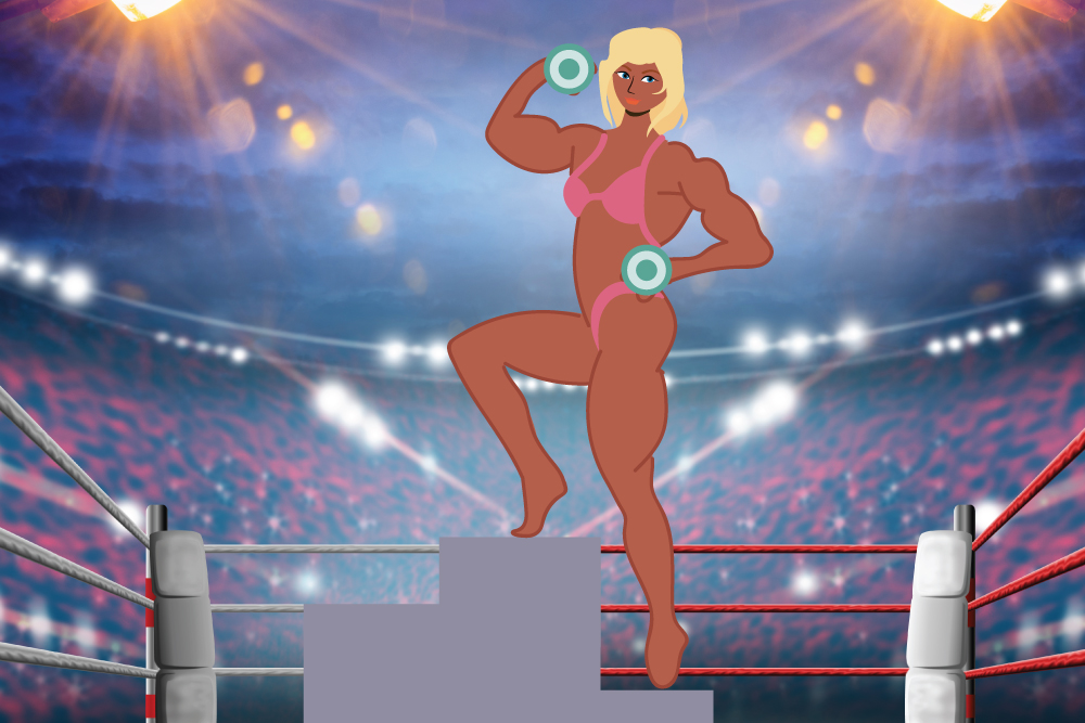A bodybuilder holding weights and posting on a platform in front of a crowd. She is wearing a pink bikini.