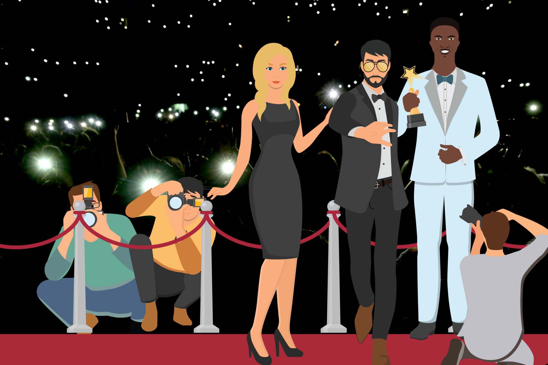 Three famous deaf people on a red carpet posing for the cameras. They are clearly famous actors. Paparazzi are surrounding them. Lights shine in the distance.