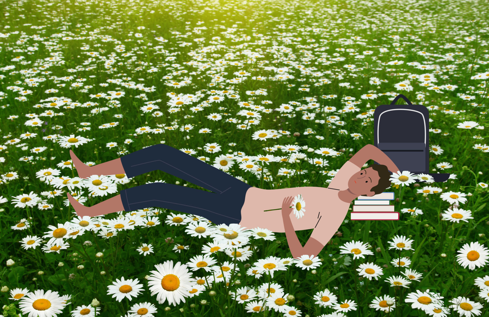 A young person lying in a field of flowers. They are holding a flower and resting their head on a pile of books. There is a backpack in the grass behind them. They are looking up into the sky with a relaxed expression on their face.