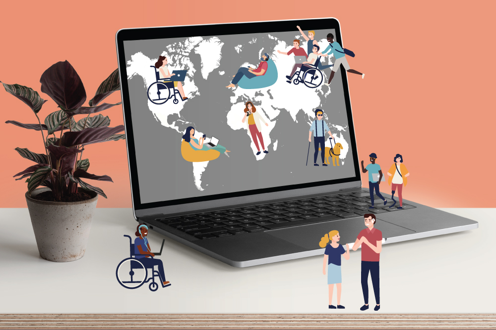 A laptop on a desk and a plant next to the laptop. The laptop has a world map on it and there are small people on the screen and keyboard. They are chatting and walking and riding in wheelchairs. A few people are using accessible tools with laptops and devices.