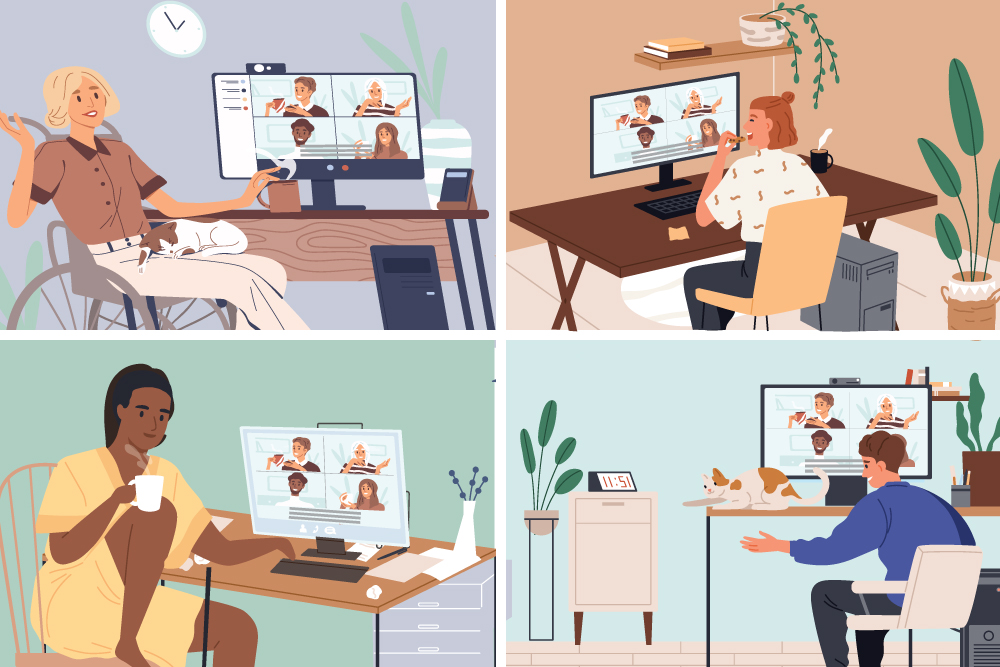 An illustration of four people sitting in different rooms but on the same live subtitled meeting.