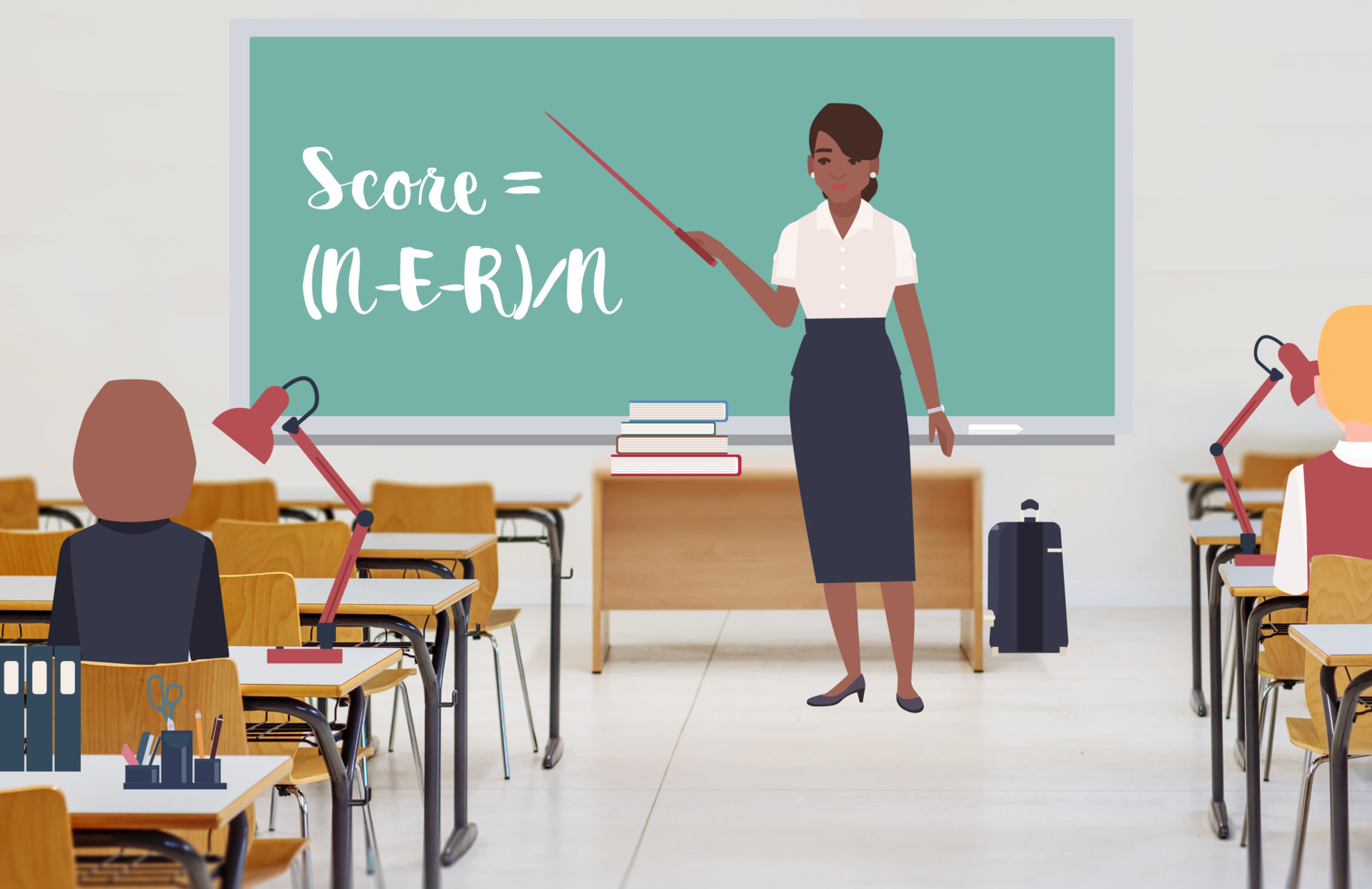 A teacher in a classroom points to writing on a blackboard. The writing is an equation that reads "Score equals N minus E minus R, then divided by N." There are two students in the classroom socially distancing at desks.