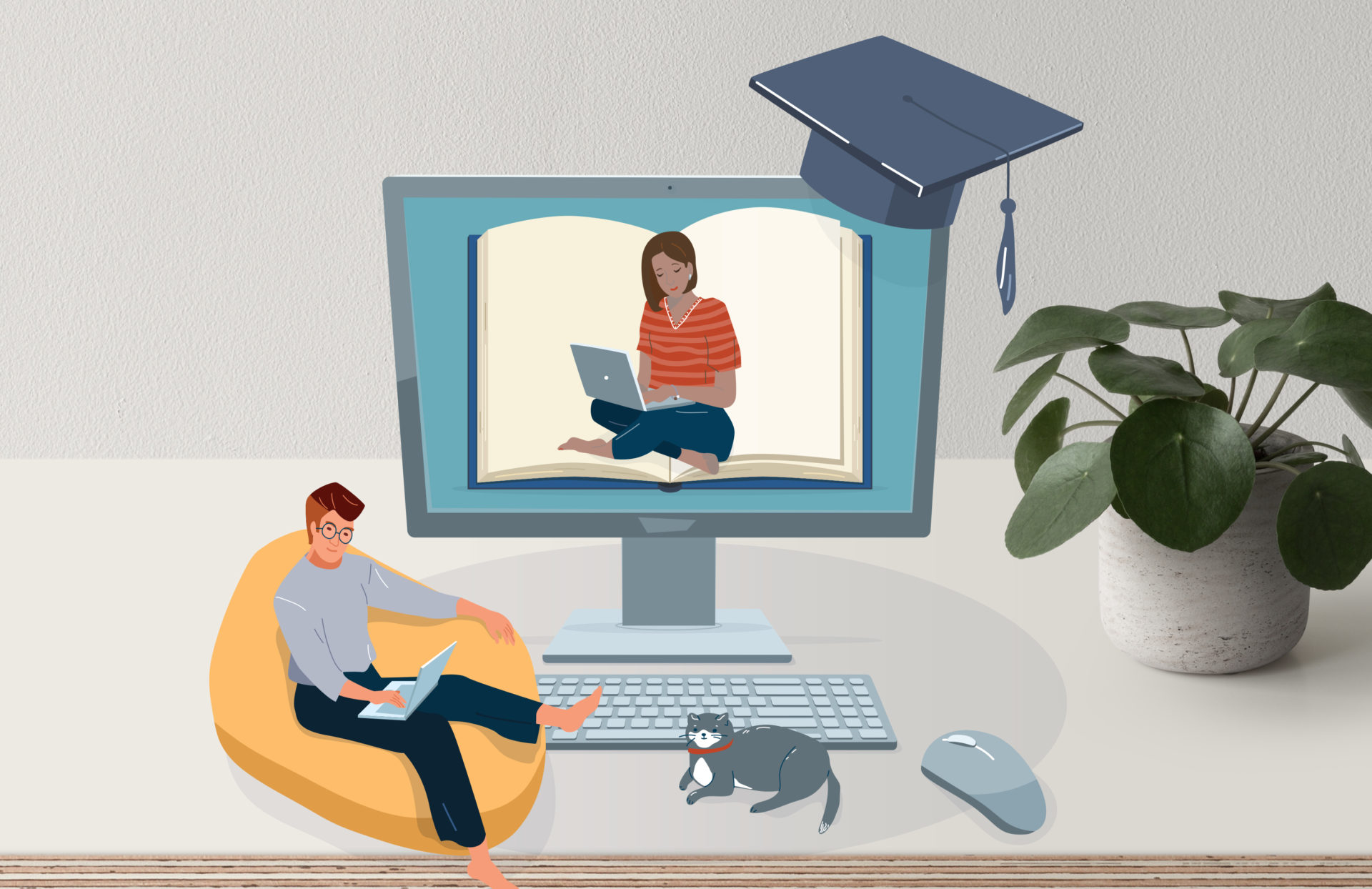 A computer with an image of a woman on a laptop. A man sits in front of the laptop on a beanbag. He is also studying on a laptop. A graduation cap sits on the computer and a cat sits next to the computer.