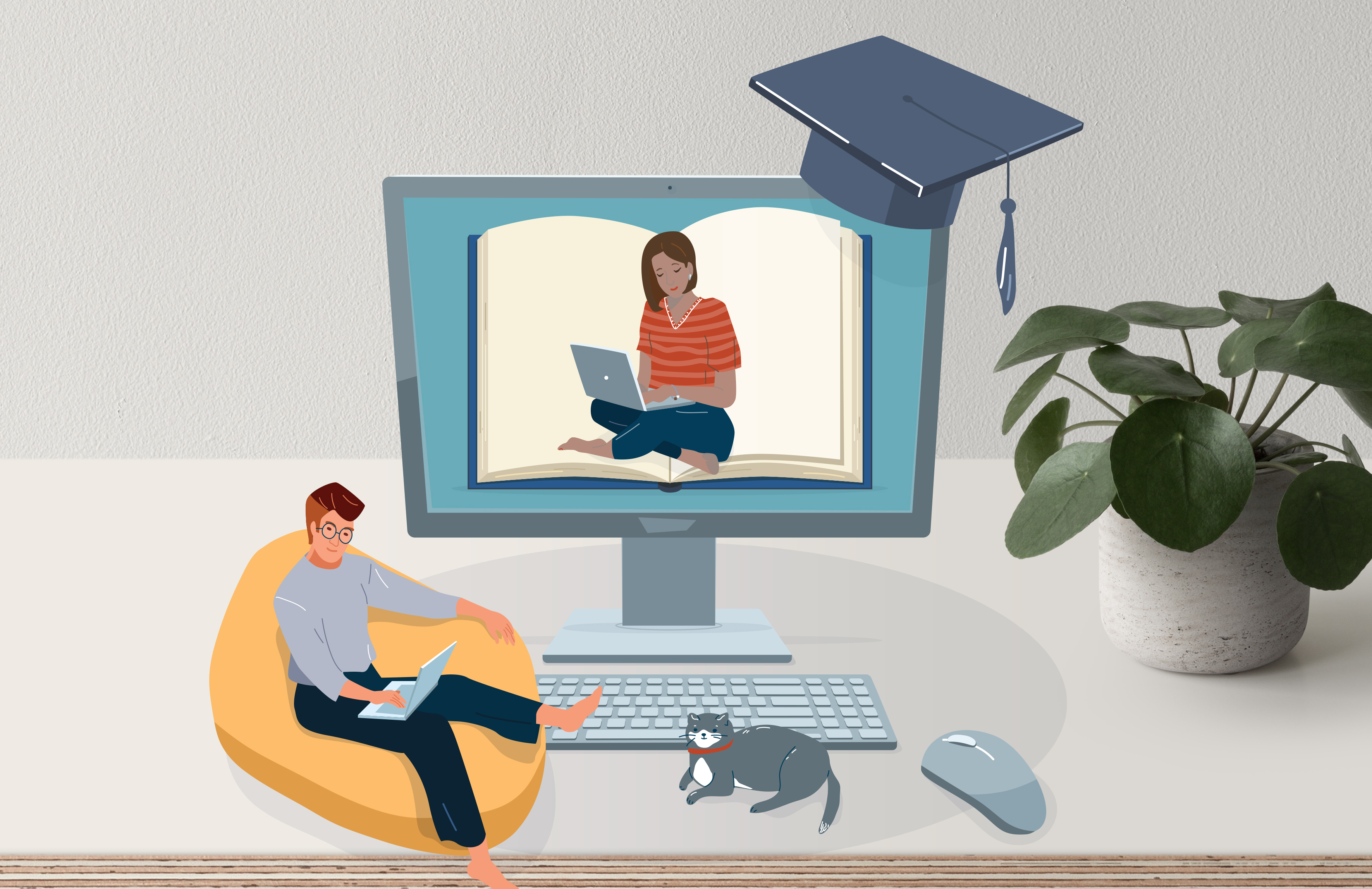 A computer with an image of a woman on a laptop. A man sits in front of the laptop on a beanbag. He is also studying on a laptop. A graduation cap sits on the computer and a cat sits next to the computer.