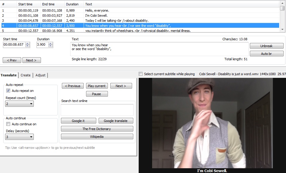 A video embedded in the free captioning program Subtitle Edit. The video is playing footage of someone signing towards the camera. There are timecodes and captions at the top of the screen, options to translate and edit the text appearance, and buttons to click through to Google, Google Translate and Wikipedia.
