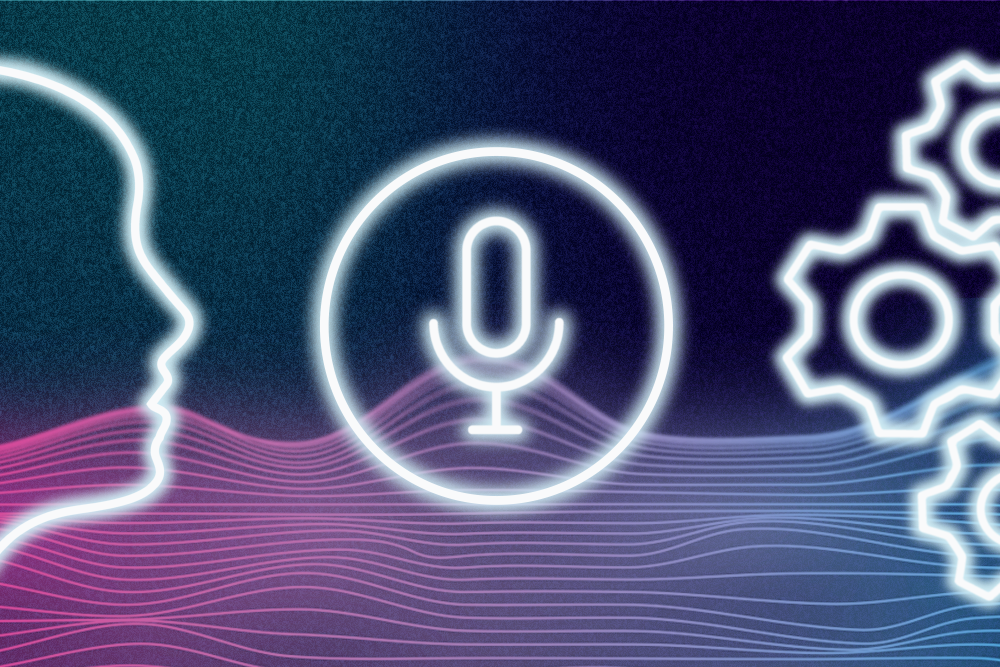 Colourful illustration that features a microphone icon and sound waves in the background. There is the outline of a human speaking on the left and some cogs on the right.