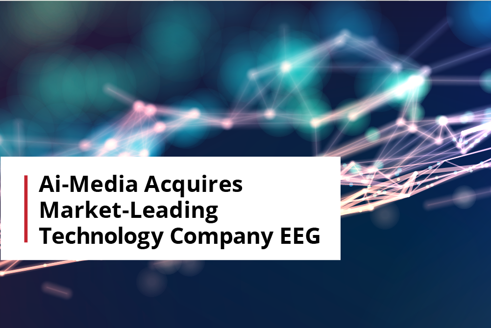 An abstract photograph of coloured lights. Text reads 'AI Media acquires US market-leading technology company EEG'