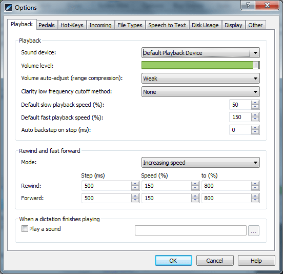 Screenshot of Express Scribe control window, with multiple tabs of settings and playback options. This is the second of our best free transcription software tools.