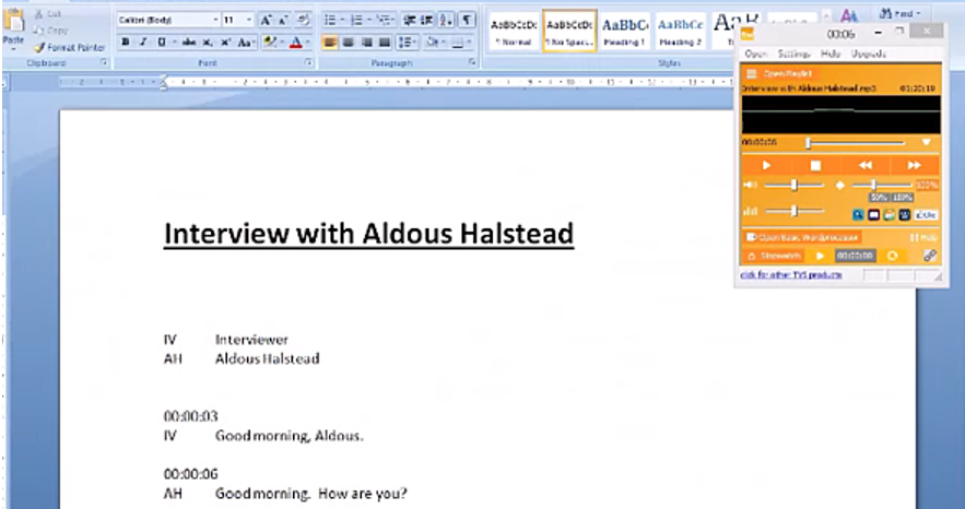 Screenshot of Word document with orange FTW Transcriber control box in the corner. The user is transcribing an interview. This is the third of our best free transcription software tools.