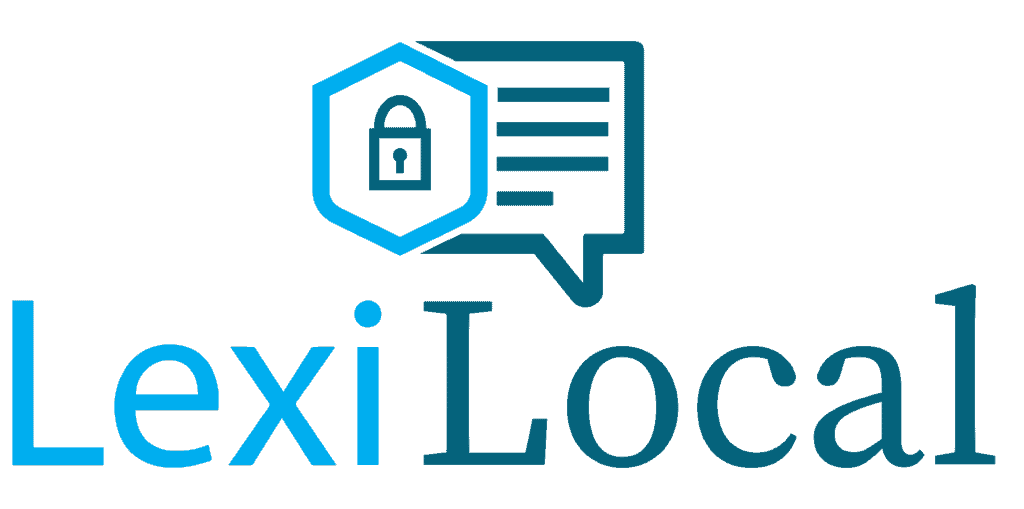Lexi Local logo in blue colours with a padlock and a speech bubble icon