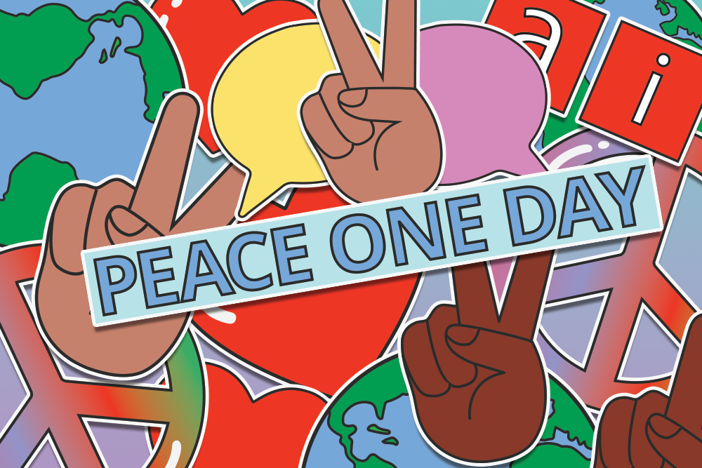 An image of colourful illustrations overlaid over each other. They include, speech bubbles, hands doing peace signs, a peace icon, the AI Media logo, and the Earth.