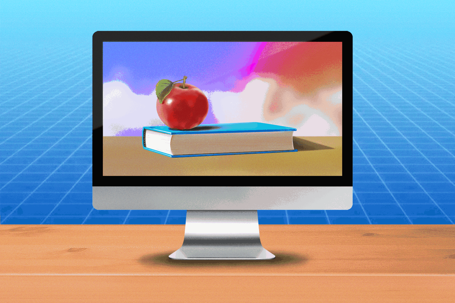 A computer monitor on a table with an image of an apple on a book. The background is colourful.