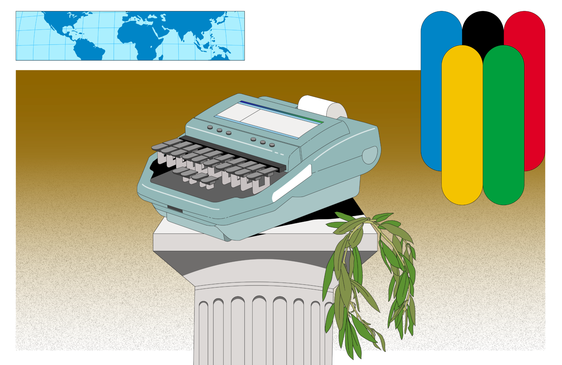 An illustration of a stenograph machine on a Roman column. The Olympic colours are in one corner and a world map in the other.