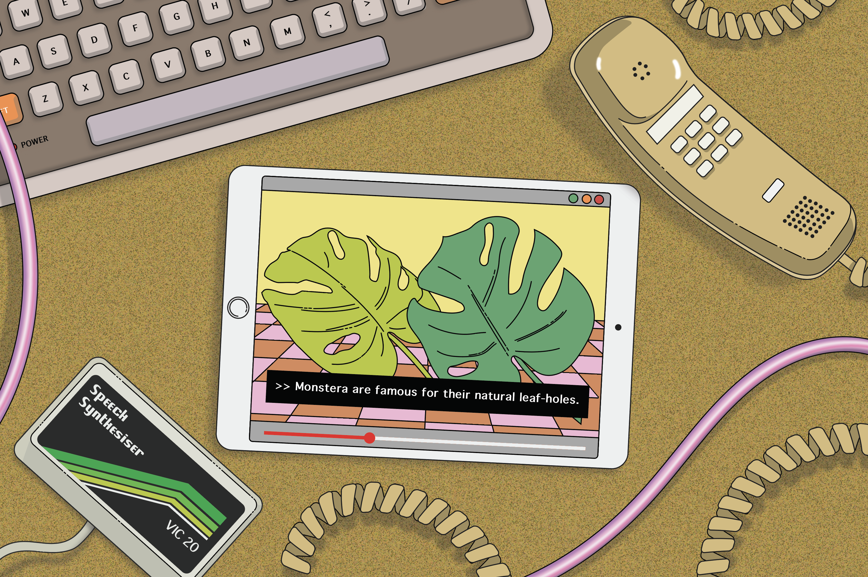 An illustration of a keyboard, telephone, a tablet with captions displaying, and a speech synthesizer on a desk.