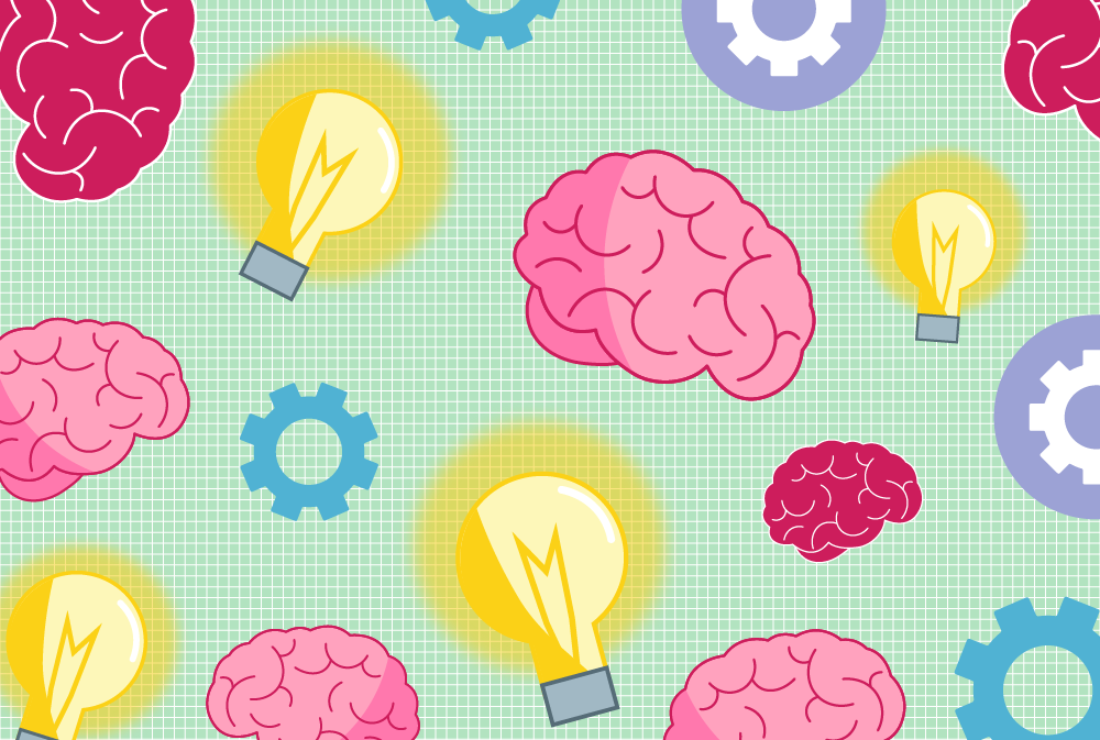 A colourful illustration of brains, light bulbs and cogs floating around.
